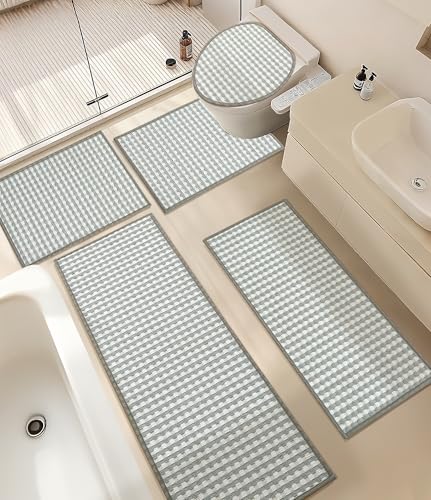 YIHOUSE Light Grey Bathroom Rugs Set 5 Pieces, Gray Checkered Absorbent Bath Mat Sets Quick Dry, Woven Soft Bath Rugs Non Slip, Thin Washable Rugs for Bathroom - color: Light Grey, size: 5 Pieces