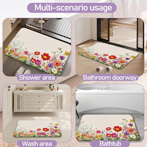Wildflowers Plants Bathroom Rug, Rapid Dry Absorbent with Non-Slip Rubber Base Bath Mats for Bathroom 17"x30" - color: Wildflowers Plants