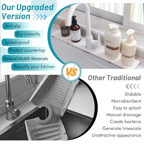 Faucet Mat for Kitchen Sink with Raised Feet, Fast Drying Diatomite Stone Sink Tray, Water Absorbent Faucet & Sink Splash Guard, Prevents Moisture Buildup, Durable Protector for Bathroom Counter - color: White Gray Style 2, size: 20" x 4"