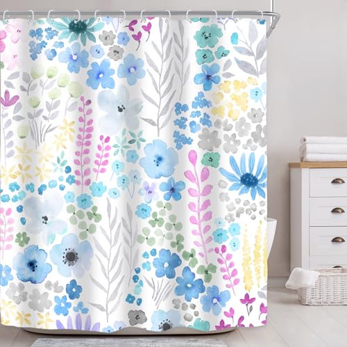 Riyidecor Blue Floral Shower Curtain for Bathroom Decor 60Wx72H Girls Kids Boho Cute Wildflower Watercolor Plant Leaves Botanical Art Printed Fabric Polyester Waterproof 12 Pack Plastic Hook - color: D-blue, size: 60"W x 72"L (Pack of 1)