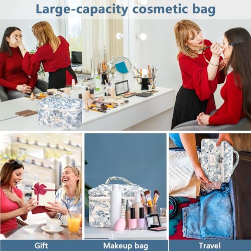 Gosect Large Makeup Bag, Cute Cosmetic Bag for Women Girls, Floral Coquette Aesthetic Toiletry Bag, Travel Make Up Organizer Bag (Navy Blue) - color: 034Navy Blue