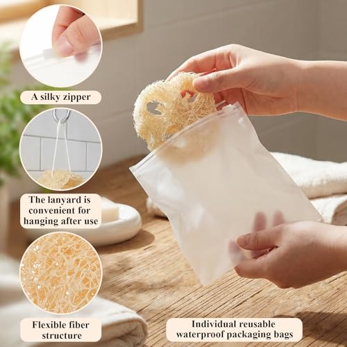 24 Pcs Mini Natural Loofah Sponges, 12 Pcs 2 Inch Single Wrapped Egyptian Loofah Bath Sponge with 12 Travel Pouches, Exfoliating Shower Scrubber for Body Face Skin Care & Kitchen Cleaning