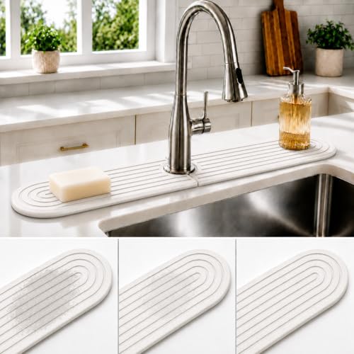Self-Drying Stone Tray For Kitchen Sink,23.6" Water Absorbing Natura Diatomite Faucet Mat,Splash Organizer For Soap Dispenser,Sponge & Brush,Bathroom Vanity Rv Countertop Protector(white-Oval) - color: White-Oval, size: 23.6" x 4"