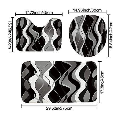 4Pcs Black Shower Curtain Sets with Non-Slip Rugs, Toilet Lid Cover and Bath Mat, Black and Gray Bathroom Decor Set Accessories Fabric Waterproof Shower Curtains with 12 Hooks, 72 x 72 Inch - color: Black