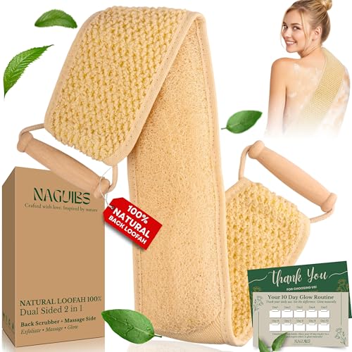 Premium Egyptian 100% Natural loofah with Handle Back Scrubber for Shower and Massage exfoliating Body Scrubber loofah for Men and Women Back Scratcher washers for Shower loofa Clean Your Back Deeply