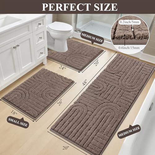 Vaukki Bathroom Rugs Sets 3 Piece, Brown Washable Non Slip Soft Bath Mats for Shower and Tub, Plush Absorbent Microfiber Toilet Rug U Shaped, 48x20+26x18+24x20 Inch - color: Brown, size: 18''x26''+20''x48''+20''x24''