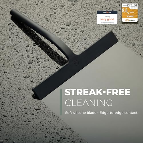 GÜTEWERK Silicone Shower Squeegee for Glass Doors & Mirrors with Stainless Steel Core, Streak-Free & No-Squeak Window Cleaning, 3-in-1 No-Drill Mount (Hook/Suction/Adhesive),Black, 13 Inches - color: Black, size: 13 Inches