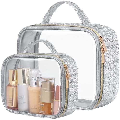 PACKISM Clear Makeup Bag Foldable - TSA Approved Toiletry Bag for Travel | Metal Zipper, Reinforced Seam, Water Resistant, Medium for Carry-on, Large for Checked Luggage, for Car Storage Organizer - color: 2 Pack Silver, size: Hybrid Traveler (1 Large & 1