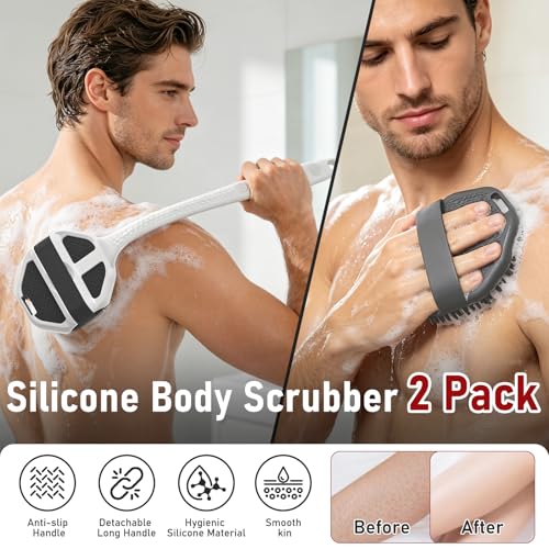 Back Scrubber for Shower for Men 2 Pack, Silicone Body Scrubber with Long Handle, Detachable Body Wash Scrubber Shower Scrub Brush -Lathering Bristles Deep Clean Exfoliator Women Mens Black+Grey - color: Black+grey