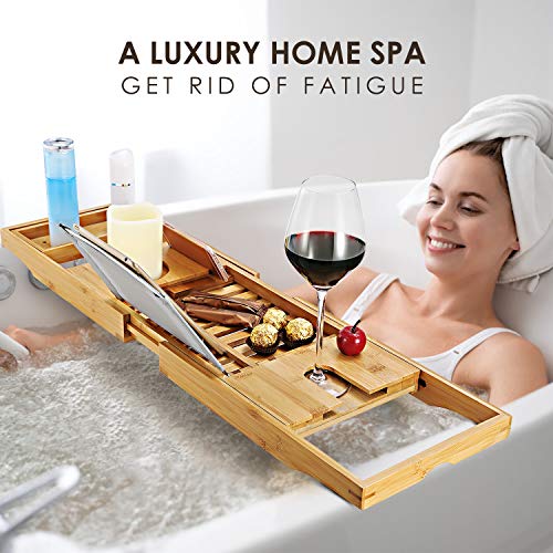 Moclever Bathtub Caddy Trays - Premium Bamboo Bath Trays with Extending Sides, Reading Rack, Tablet Holder, Cell Phone Tray and Luxury Wine Glass Holder - Natural Bamboo Color
