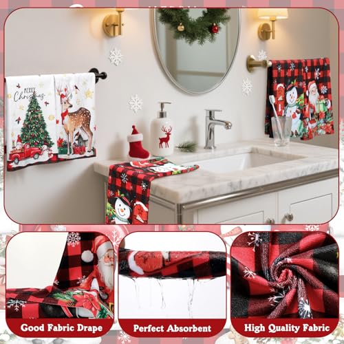 FuWeave 8 Pcs Christmas Shower Curtain Set Xmas Santa Bathroom Decoration Christmas Tree Hand Towels Snowman Toilet Lid Cover Bathroom Rugs Xmas Shower Curtain with Hooks(Buffalo Plaid) - color: Buffalo Plaid