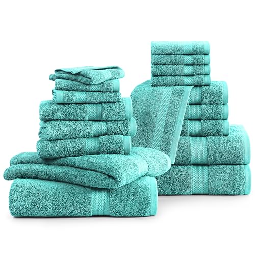 LANE LINEN 100% Cotton Bath Towels - 18 Pieces - Softer, Durable & Highly Absorbent - 4 Bath, 8 Wash Cloth, 6 Hand Towels - Perfect Family Set, Premium Quality, Oeko-TEX Certified - Teal - color: 11: Teal, size: 18 Piece Towel Set