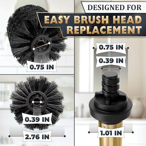 2 PCS Gold Toilet Brush and Holder Set - Brushed Stainless Steel Gold Toilet Bowl Brush and Holder with Replacable Head, Removable Inner Bowl, and Splash Protection - Dense Bristles for Cleaning - color: Gold 2 Pcs
