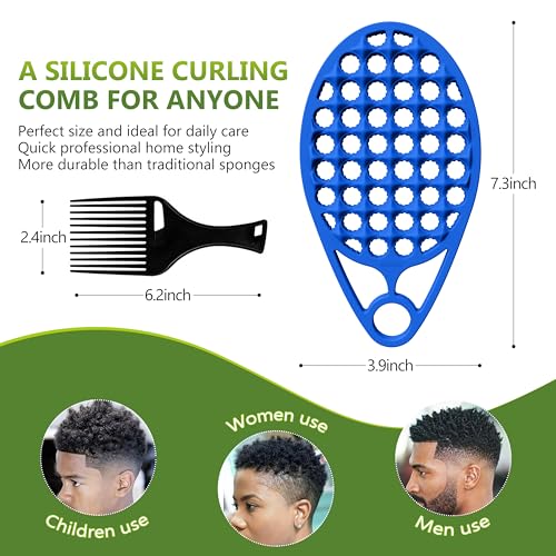 KOUPA Silicone Afro Twist Brush with Pick Comb - Easy Clean Dual-Sided Design with Textured Holes for Defined Afro Curls, Suitable for Coily Hair Men & Women, Blue - color: Blue