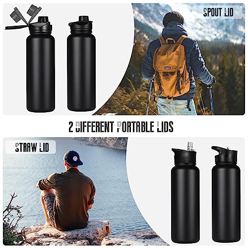 40 oz Insulated Water Bottle with Straw, Stainless Steel Sports Water Bottles with 2 Lids (Straw and Wide Mouth lid), Double Wall Vacuum, Leakproof, BPA-Free, Black - color: Black, size: 40 Ounces