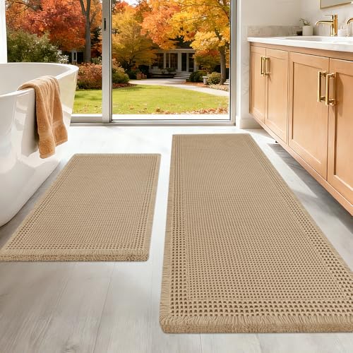 Upgraded Waffle Bath Mat Set 2 Piece Beige-Bordered, Super Absorbent Non-Slip Quick Dry Bathroom Rugs with Tassels, Machine Washable Ultra Soft Boho Bath Rugs for Floor, Bath Mats Boho Farmhouse Decor - color: Beige, size: 24"x17"+5'x2'