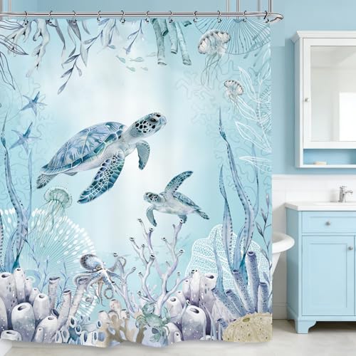 Turtle Ocean Sea Shower Curtain 60Wx72L Inch Teal Blue Undersea Underwater Nautical Bathroom Set Accessories Decor with 12 Pack Hooks - color: Teal Blue Turtle, size: 60"W x 72"L (Pack of 1)