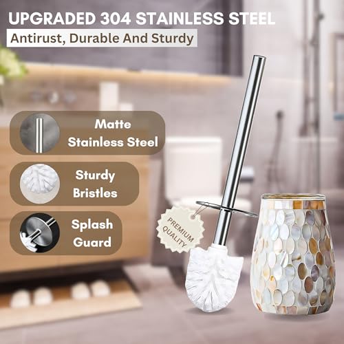 Escenzy Natural Shell Toilet Brush and Holder Set – Handcrafted Mother of Pearl Mosaic Glass Holder, 304 Rust-Resistant Stainless Steel Toilet Bowl Brush – Decorative Luxury Coastal Bathroom Accessory - color: Natural Shell