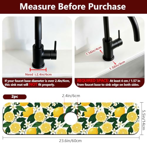 2 Pcs Kitchen Sink Splash Guard Faucet Mat Lemon Flowers and Leaves Pattern Faucet Mat for Sinks Flower Absorbing Drying Mats for Kitchen Bathroom - color: Lemon and Leves