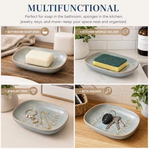 Miamolo Ceramic Soap Dish Soap Holder, Soap Lift for Bar Soap Sponge, Shower Soap Dishes for Bathroom Kitchen Counter Soap Saver Tray Keep Dry, Dishwasher Safe - color: Grey, size: Leaf Design