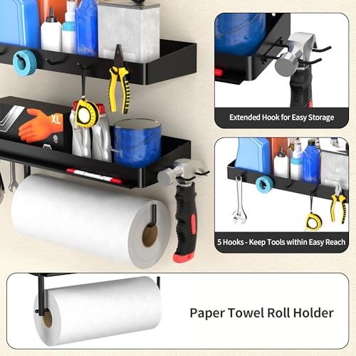 YIGII Heavy Duty Garage Paper Towel Holder with 2 Storage Shelves, Wall Mount Paper Towel Rack with Phone Holder & Hooks, Shop and Tool Room Organizer for Storage - color: Black-2