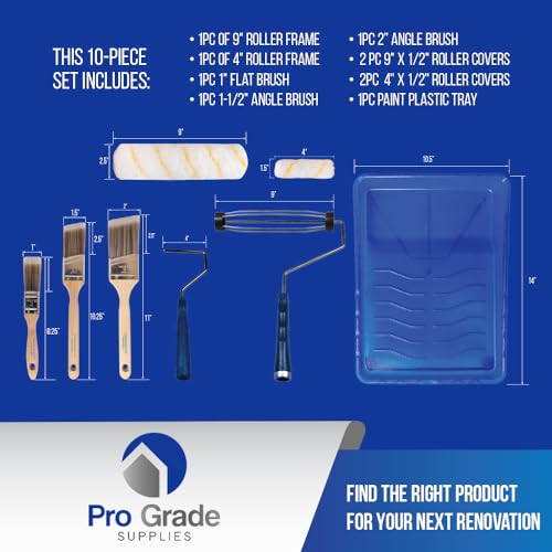 Pro Grade Paint Roller Kit, Brush & Roller,10 Piece Set, Wall Painting Naps for Professionals & Homeowners - All Paints & Stains, Washable, Reusable, Easy to Clean, Superior Absorbency. - size: 10 Piece Set