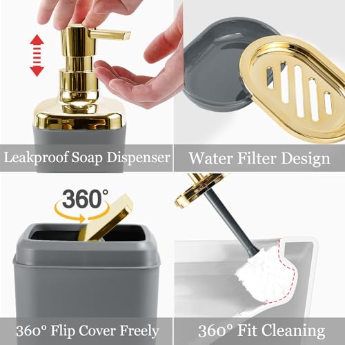 XLHOMO Bathroom Set - Grey and Gold Bathroom Accessories Set, Bathroom Sets with Shower Curtain and Rugs, Grey Shower Curtain Set with Bathroom Trash Can, Soap Dispenser, Soap Dish for Home Decor - color: Plaid Grey & Gold, size: Complete Set + Bath Rugs