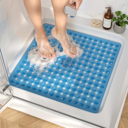 HITSLAM Shower Mat Anti Slip, Square Bath Mat for Tub Non Slip with Suction Cups and Drain Holes, 21x21 Inch Bathroom Shower Stall Floor Mat, Machine Washable, Soft on Feet, Blue - color: Blue, size: 21" x 21" (Square)