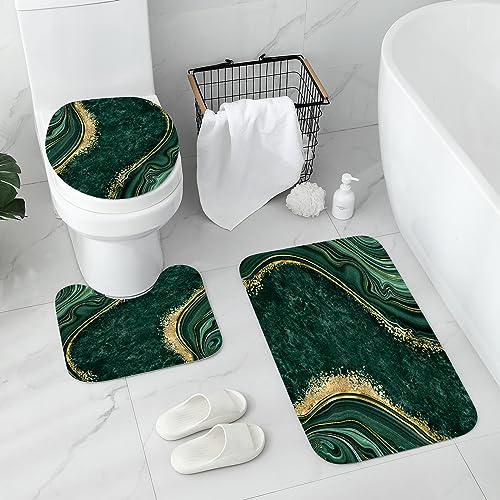 Gibelle 4 Pcs Luxury Marble Shower Curtain Set with Non-Slip Rugs, Toilet Lid Cover and Bath Mat, Gold Foil Emerald Green Bathroom Decor Set with Shower Curtain and Rugs and Accessories - color: Emerald Green