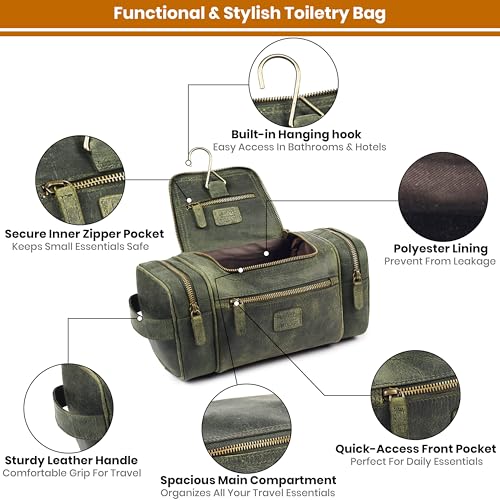 LEATHER VILLAGE Genuine Leather Travel Dopp Kit for Men & Women – Water-Resistant Large-Capacity Hanging Toiletry Bag for Travel, Grooming, Bathroom Organization, Shaving Essentials & Gym Use - Olive - color: Olive
