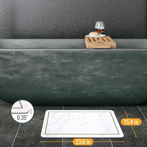 Stone Bath Mat – Super Absorbent Diatomaceous Earth Bath Mat, Quick-Drying Stone Bath Mats for Bathroom, Easy to Clean Bathroom Mat Quick Dry, 24 x 16 inch, White Modern Marble