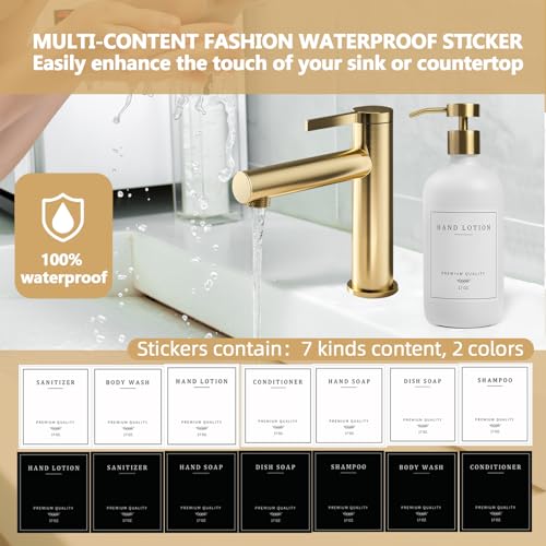 Soap Dispenser Bathroom - Kitchen Dish and Hand Soap Dispenser Set, Glass Bathroom Soap Lotion Dispenser with Pump, Tray, 14 Waterproof Labels, Set of 2 White Bottle/Gold Pump-pd - color: White Bottle/Gold Pump + Tray