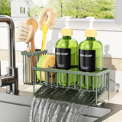 Cisily Sage Green Kitchen Dish Soap Dispenser, 16 fl Oz Dual Kitchen Soap Dispensers with Sponge Holder, Customized Stainless Steel Kitchen Soap Dispenser Set, Modern Hand and Dish Soap Bottle Set - color: Sage Green Sponge Holder + Green Bottle