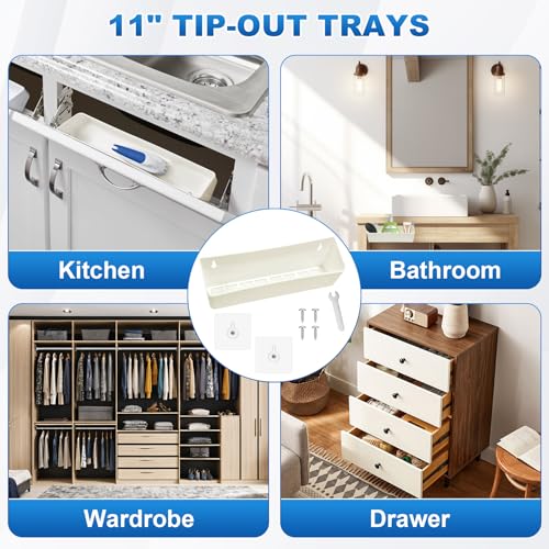 Upgraded 11" Tip-Out Plastic Sink Trays Kitchen Sink Tip Out Tray with 8X Mounting Screws and 4X Adhesive Screws for Kitchen Sink and Bathroom Base Cabinets, Large Pullout Vanity Shelf Home Organizer