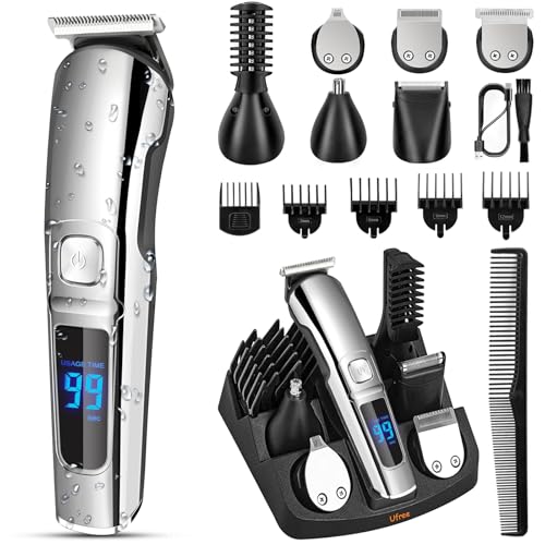 Ufree Beard Trimmer for Men, Waterproof Electric Razor, Grooming Kit | Stainless steel blades, six interchangeable heads, wet and dry use, USB rechargeable, for face body nose ear trimming, silver - color: Silver