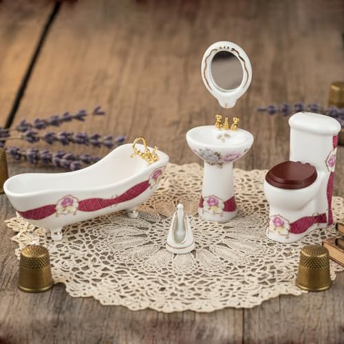 Dollhouse Bathroom Set 5PCS Miniature Porcelain Furniture 1/12 Victorian Dollhouse Furniture White Ceramic Toilet Bathtub Washbasins Decoration Accessory (Red) - style: Red