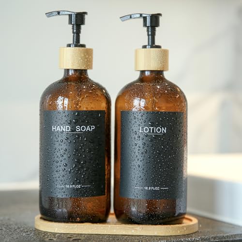 Amber Glass Soap Dispenser with Bamboo Pumps&Tray&Labels, Hand Dispenser, Lotion Dispenser, Dish Soap Dispenser for Kitchen Sink. (Amber) - color: Amber