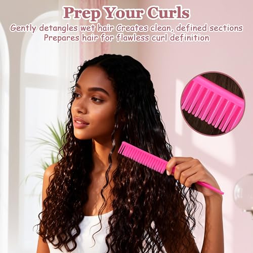 SALONSILK Curl Defining Hair Brush Set, Pink Styling Curly Brush, 9 Row Styling Brush, 3 Row Comb with 2PCS Hair Clips for Women