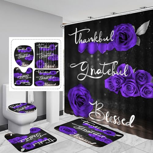 4Pcs Purple Rose Shower Curtain Sets, Thankful Grateful Blessed Bathroom Curtain with Non-Slip Rug, Toilet Lid Cover, Bath Mat and 12 Hooks, Romantic Showy Floral Wedding Decor for Bath, 72 x 72 inch - color: Purple