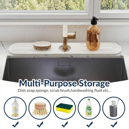 Stone Faucet Mat for Kitchen Sink, Diatomite Fast Drying Stone Tray, Quick Dry Water Absorb Faucet Mat, Sink Splash Guard for Kitchen Bathroom Counter(White, 23.6"X3.9")
