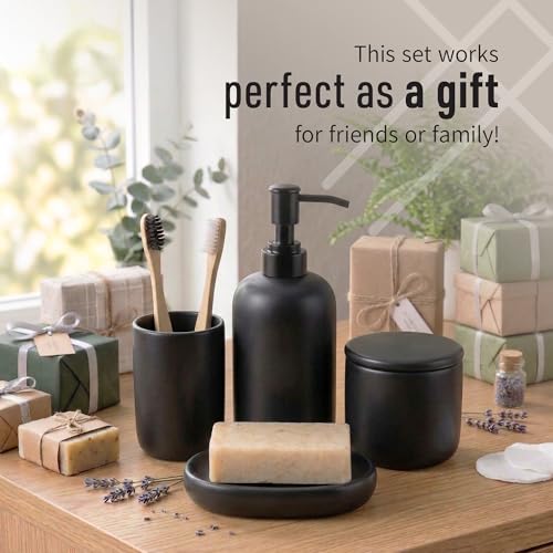 Ceramic Bathroom Accessories Set 4 Pcs – Modern Scandinavian Neutral Bathroom Soap Dispenser Set with Toothbrush Holder, Soap Dish & Cup – Minimalist Bathroom Accessory Set Decor - Black - color: Black