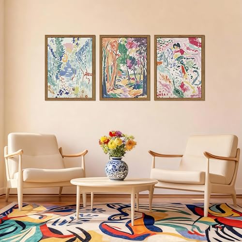 Abstract Matisse Wall Art, Vintage Colorful Nature Wall Decor, Retro Forest Paintings, Impressionist Landscape Pictures Canvas Prints for Living Room Bedroom Dining Room Office 12x16in Wood Framed - color: Matisse Abstract, size: 12x16Inch Framed