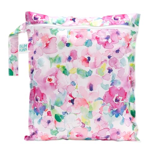 Bumkins Waterproof Wet Bag for Baby, Travel, Swim Suit, Cloth Diapers, Pump Parts, Pool, Beach, Gym Clothes, Toiletry, Hook to Stroller, Daycare, Zip Reusable Wetdry Packing Pouch, Watercolors Floral - color: E5 Watercolors, style: Wet Bag