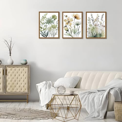Wood Framed Sage Green Botanical Wall Art Set of 3, Boho Floral Canvas Wall Decor Paintings, Minimalist Flower Posters Prints Pictures for Bedroom Bathroom Living Room Home Decor 16x24 Inch - color: Sage Green, size: 24"L x 16"W