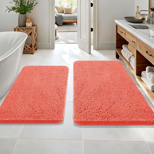 OLANLY Bathroom Rugs Sets 2 Piece, Soft Absorbent Chenille Bath Mats Area Rug Set, Non-Slip, Quick Dry, Machine Washable Bath Mats for Bathroom, Home Decor Accessories (36"x24"+30"x20", Coral) - color: Coral, size: 36" X 24" + 30" X 20"