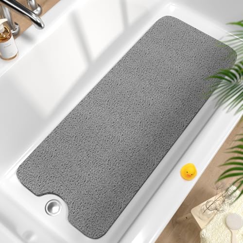 HITSLAM Non Slip Bathtub Mat 40 x 16 Inch, Extra Long Bath Mat for Tub, Soft PVC Loofah Shower Floor Mat with Drain, Quick Drying Bathroom Tub Mat for Wet Area, Without Suction Cup, Grey - color: Grey, size: 40" x 16" (Rectangular)