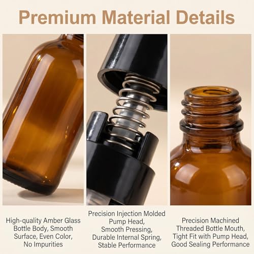 6PCS 30ml/1oz Amber Glass Lotion Pump Bottles Empty Refillable Cosmetic Makeup Travel Size Pump Dispenser Container Jars for Lotion Cream Essential Oils Toiletries
