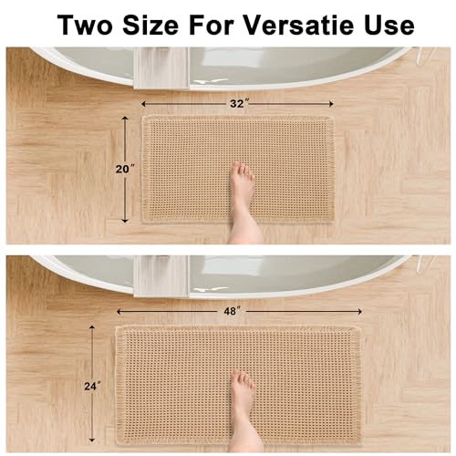 Hiasan Set of 2 Waffle Bath Mat, Super Absorbent Non Slip Bathroom Boho Rug with Tassels, Machine Washable Bath Mats for Bathroom, Ultra Soft Rubber Backed Rug, Brown, 20" x 32" + 24" x 48" - color: Brown, size: 20" x 32" + 24" x 48"