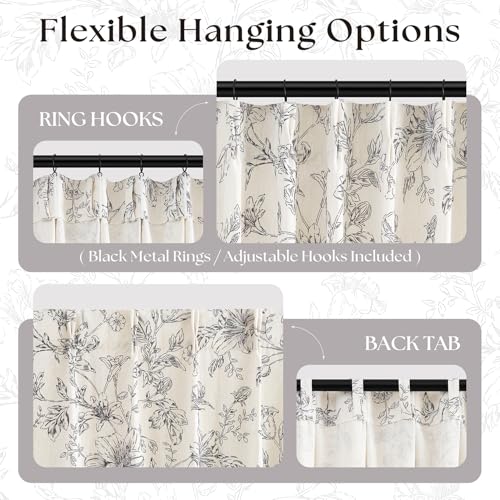TWODRAPES Black Floral Linen Curtains 72 Inch 2 Panels for Cabinet Closet Farmhouse Country Light Filtering Back Tab Peony Flower Printed Drapes Semi Sheer Patterned Curtain for Living Dining Room - color: Black, size: 40"W x 72"L (Pack of 2)