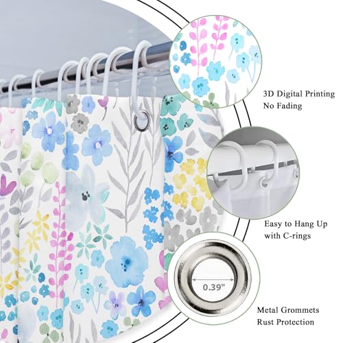Riyidecor Small Stall RV Blue Floral Shower Curtain for Bathroom Decor 36Wx72H Boho Wildflower Watercolor Plant Leaves Botanical for Girls Art Printed Fabric Polyester Waterproof 7 Pack Plastic Hooks - color: D-blue, size: 36"W x 72"L (Pack of 1)